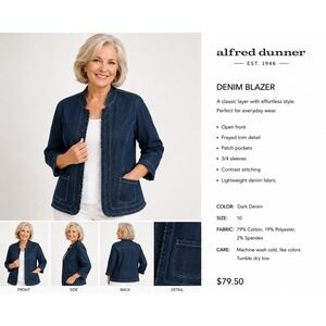 Alfred Dunner Women Dark Denim Blazer Open Front Frayed Trim Jacket Size 10